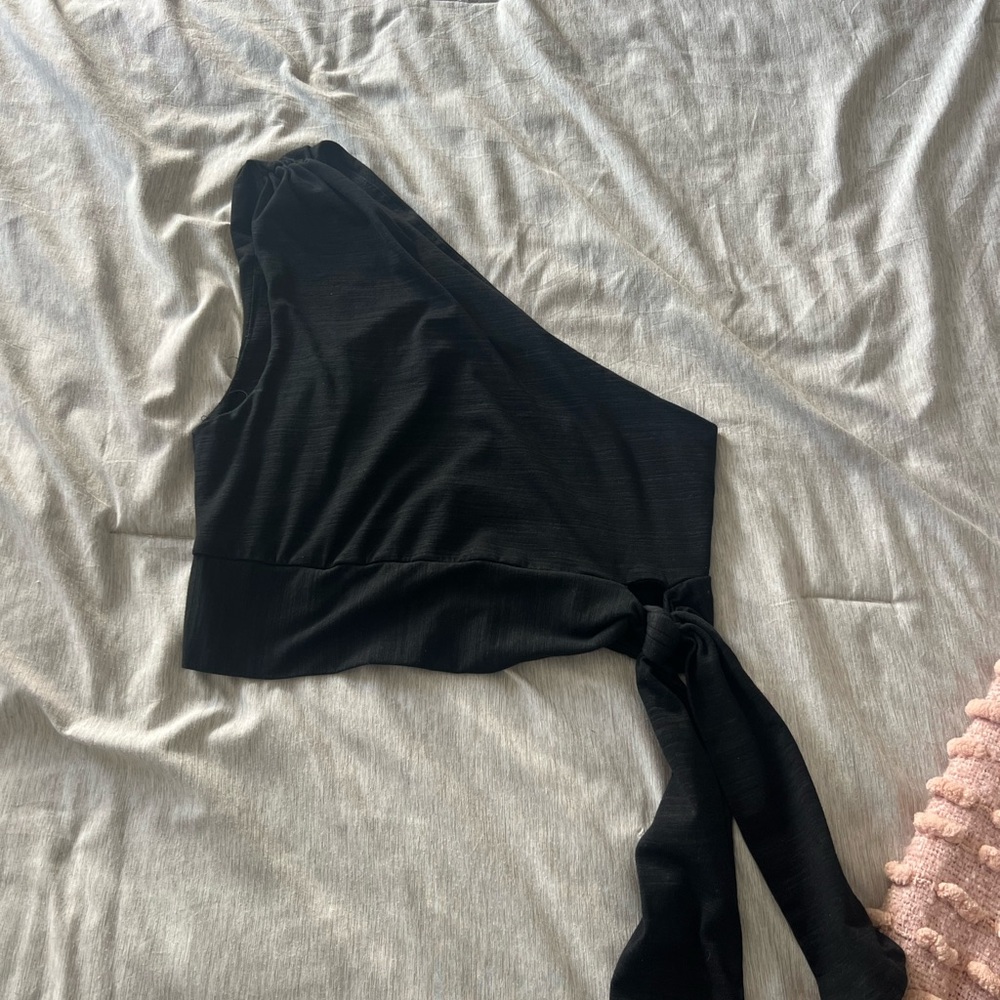 Pants Store Black One-Shoulder Top with Tie Detail